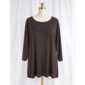 Quacker Factory Popover Top XL Brown Silver Bling Travel Knit Liquid Stretch